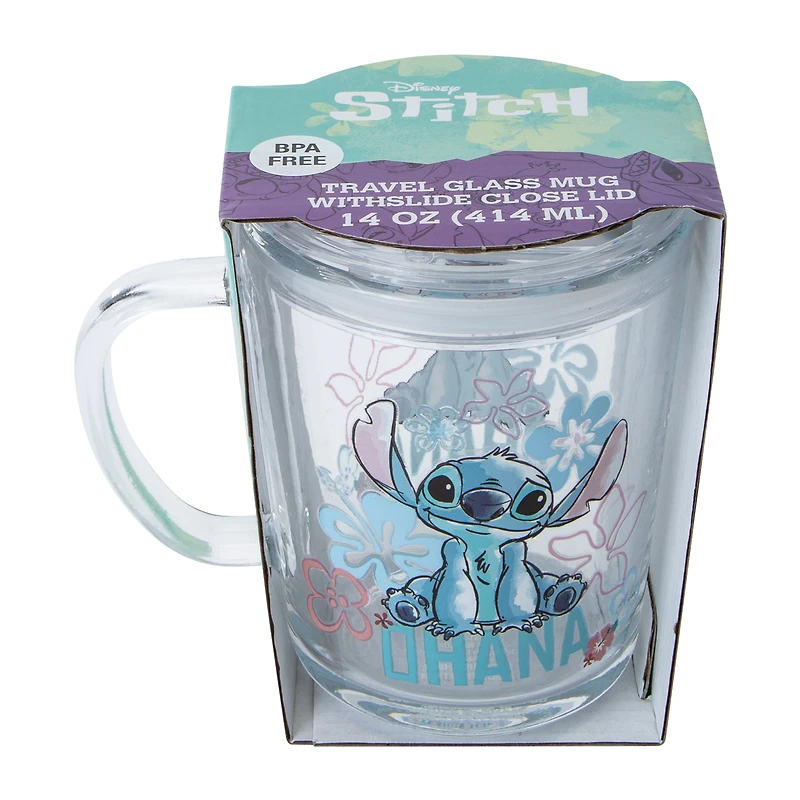 Disney Stitch Travel Glass Mug With Slide Close Lid 14oz