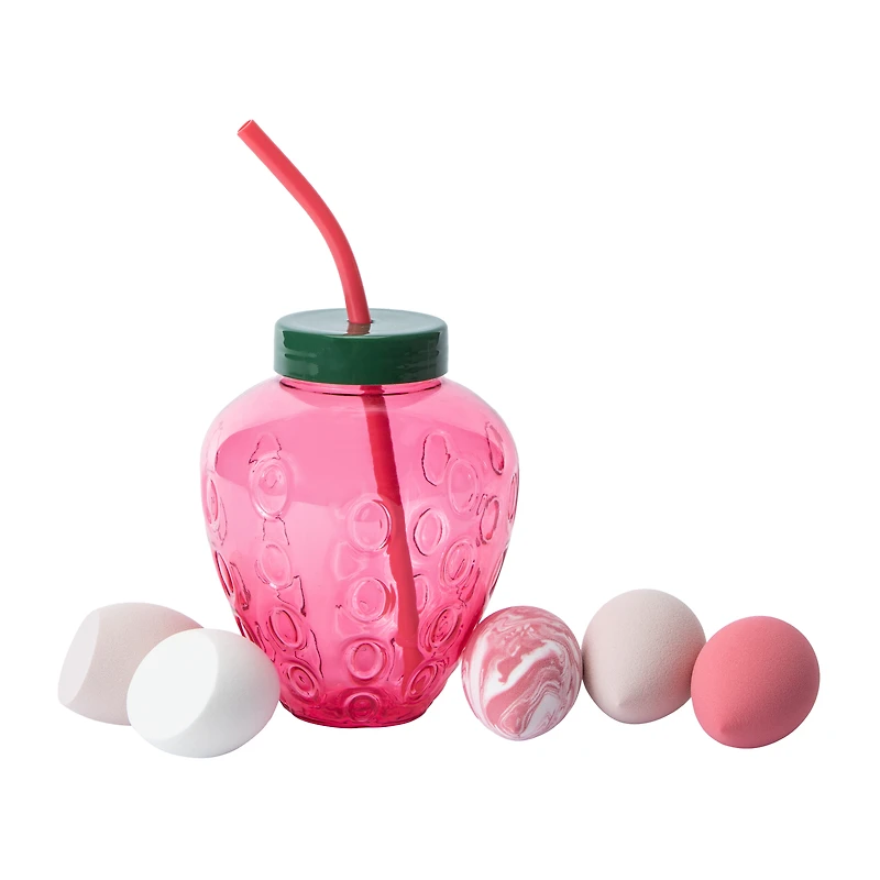 Smoke & Mirrors Strawberry Beautifully Blended Beauty Sponges & Reusable Cup With Straw 5-Count