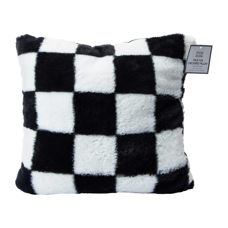 Faux Fur Checkered Pillow 16in x16in x 2.5in