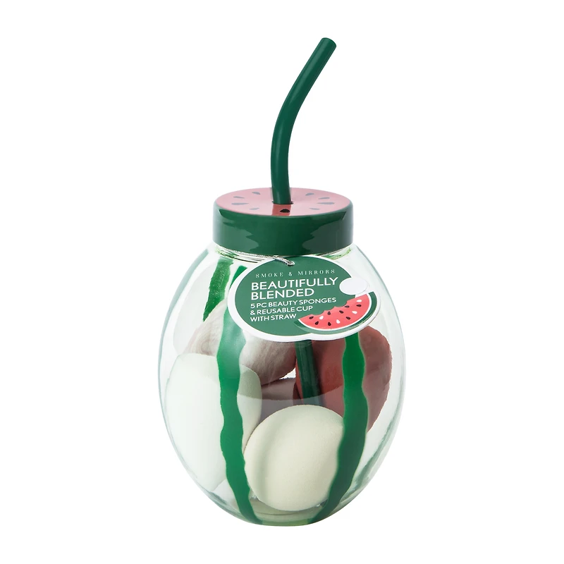 Smoke & Mirrors Watermelon Beautifully Blended Beauty Sponges & Reusable Cup With Straw 5-Count