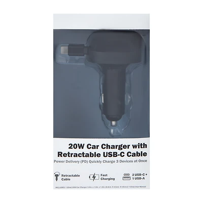 20W Car Charger With Retractable USB-C Cable