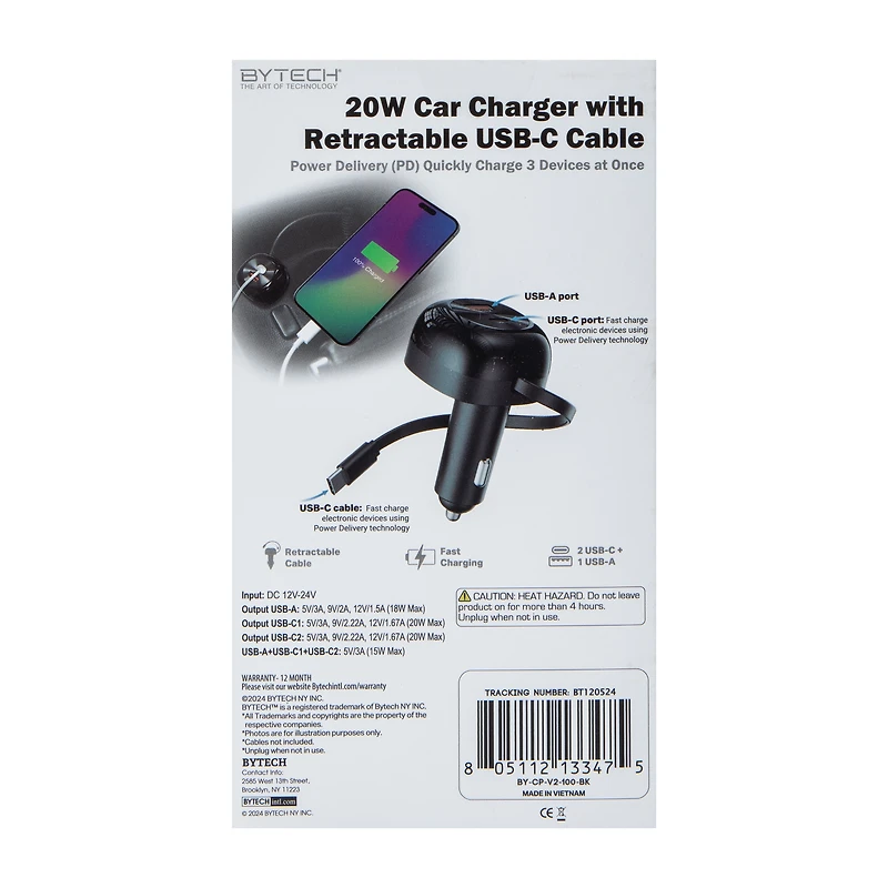 20W Car Charger With Retractable USB-C Cable