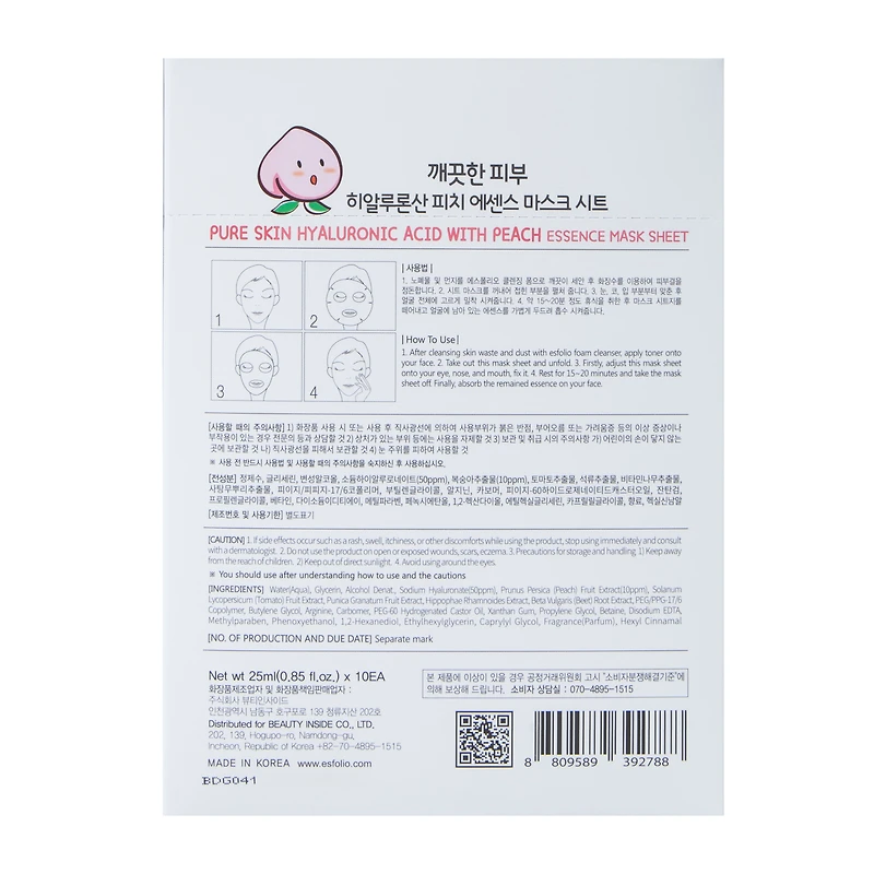 Esfolio Hyaluronic Acid With Peach Essence Mask Sheet 10-Count