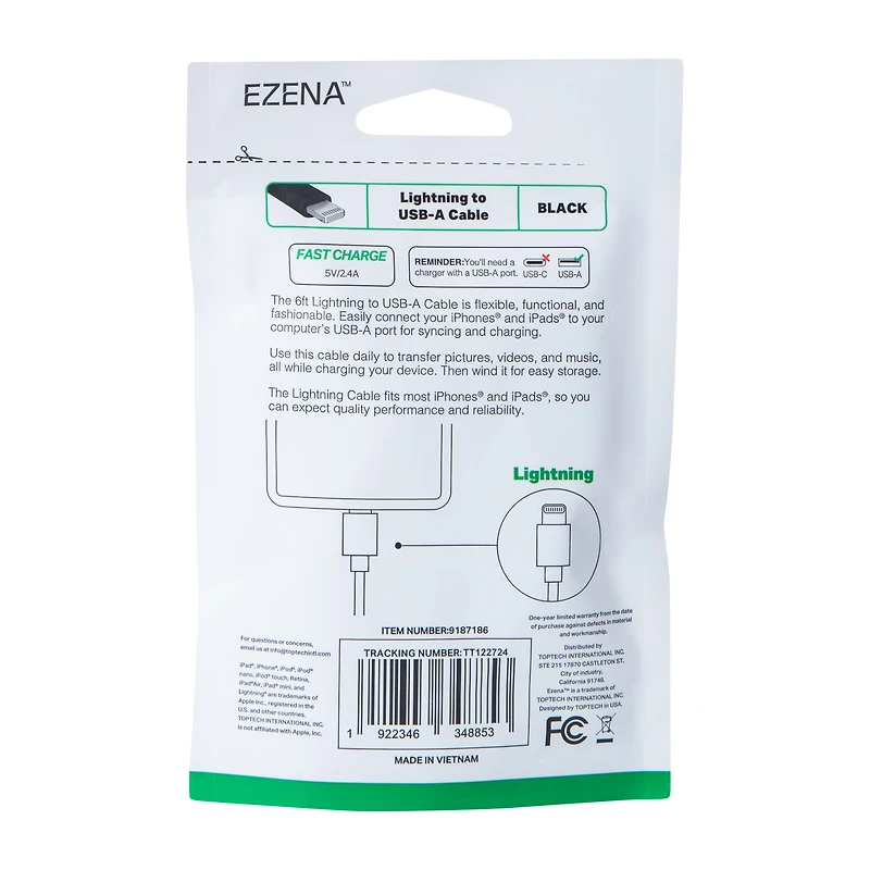 Ezena™ Lighting® To USB-A Cable 72in