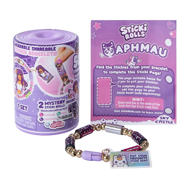 Sticki Rolls X Aphmau Capsules – Lot Aveugle Surprise Comprenant 50 Autocollants, Bracelet personnalisé et breloque, Amusant à Collectionner
