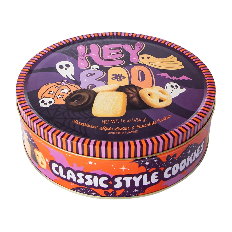 Halloween Hey Boo Traditional Style Butter & Chocolate Cookies Tin 16oz