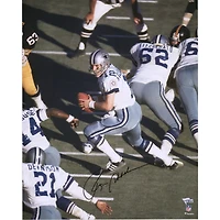 Roger Staubach Dallas Cowboys Autographed 16" x 20" White Jersey Vertical Pass Under Center Photograph