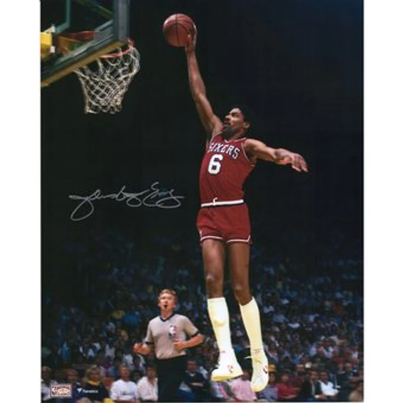 Julius Erving Philadelphia 76ers Autographed 16'' x 20'' Dunking with Red Jersey Photograph