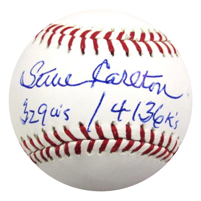 Steve Carlton Autographed Baseball with Pitching Stat Inscriptions (329Ws / 4.136 Ks)