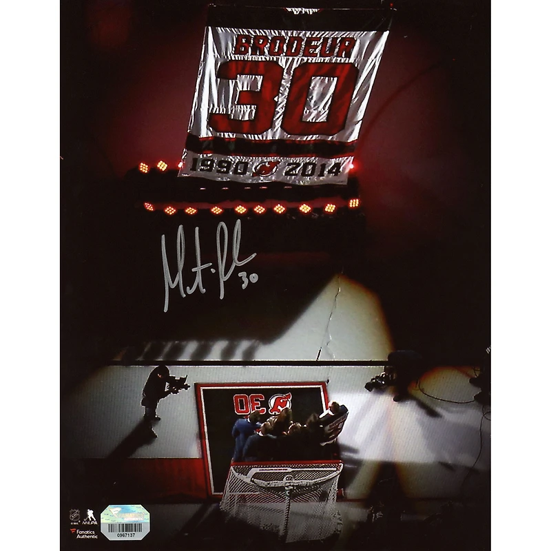 Martin Brodeur New Jersey Devils Autographed 8" x 10" Jersey Retirement Night Banner Raising Photograph