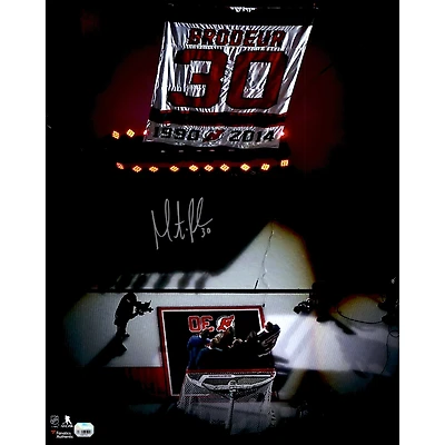 Martin Brodeur New Jersey Devils Autographed 16" x 20" Jersey Retirement Night Banner Raising Photograph