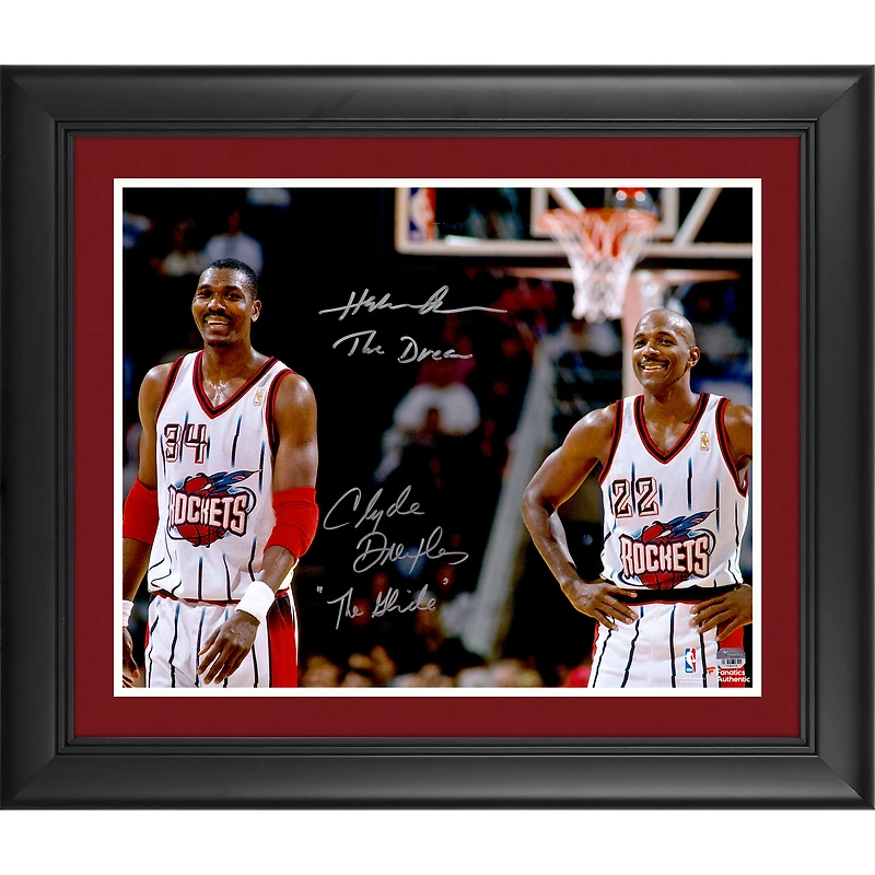 Hakeem Olajuwon Clyde Drexler Houston Rockets Framed Autographed 16" x 20" Photograph with The Dream and The Glide Inscriptions