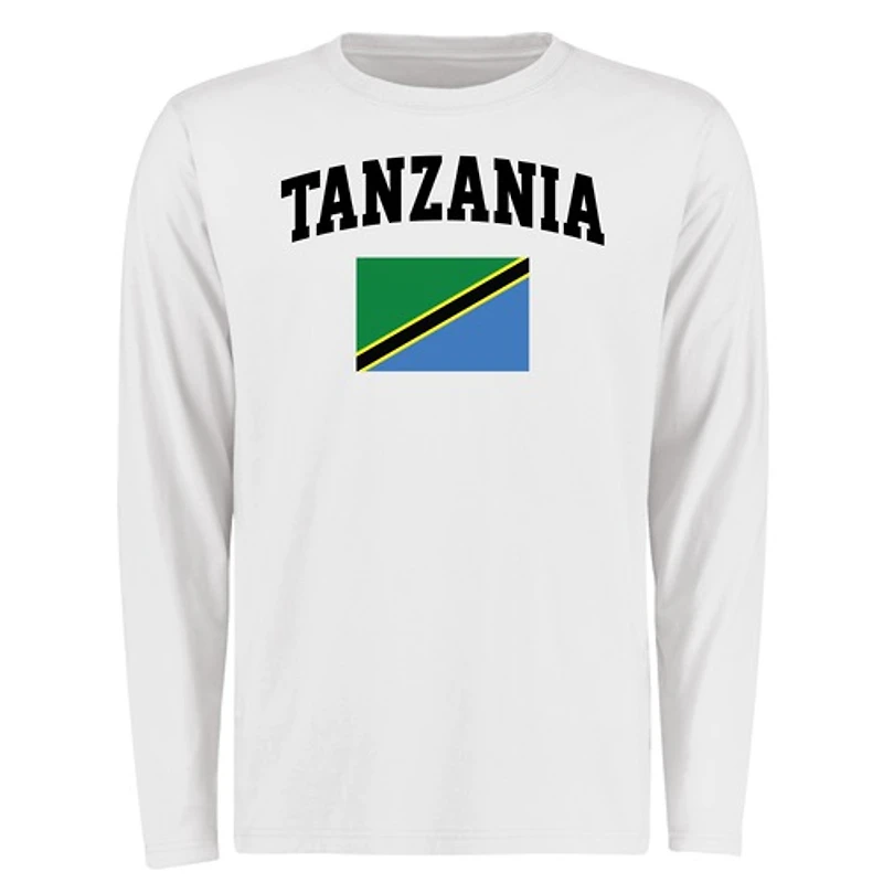 Men's White Tanzania Flag Long Sleeve T-Shirt