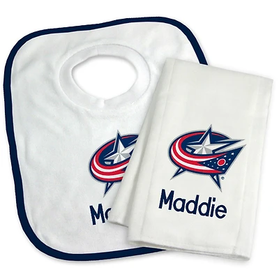 Newborn & Infant White Columbus Blue Jackets Personalized Bib & Burp Cloth Set