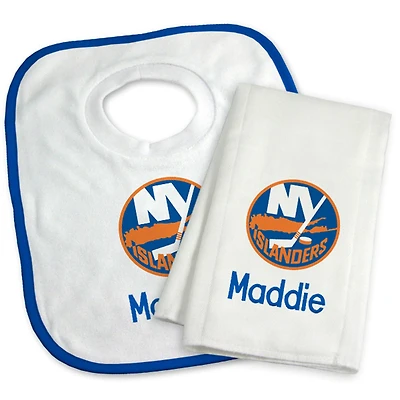 Newborn & Infant White New York Islanders Personalized Bib & Burp Cloth Set