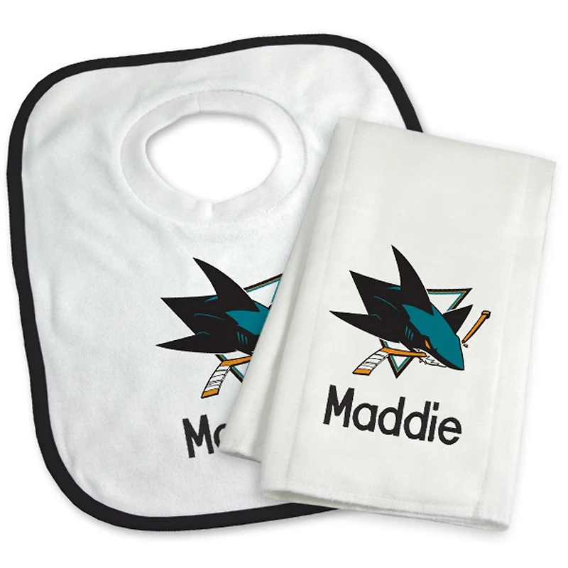 Newborn & Infant White San Jose Sharks Personalized Bib & Burp Cloth Set