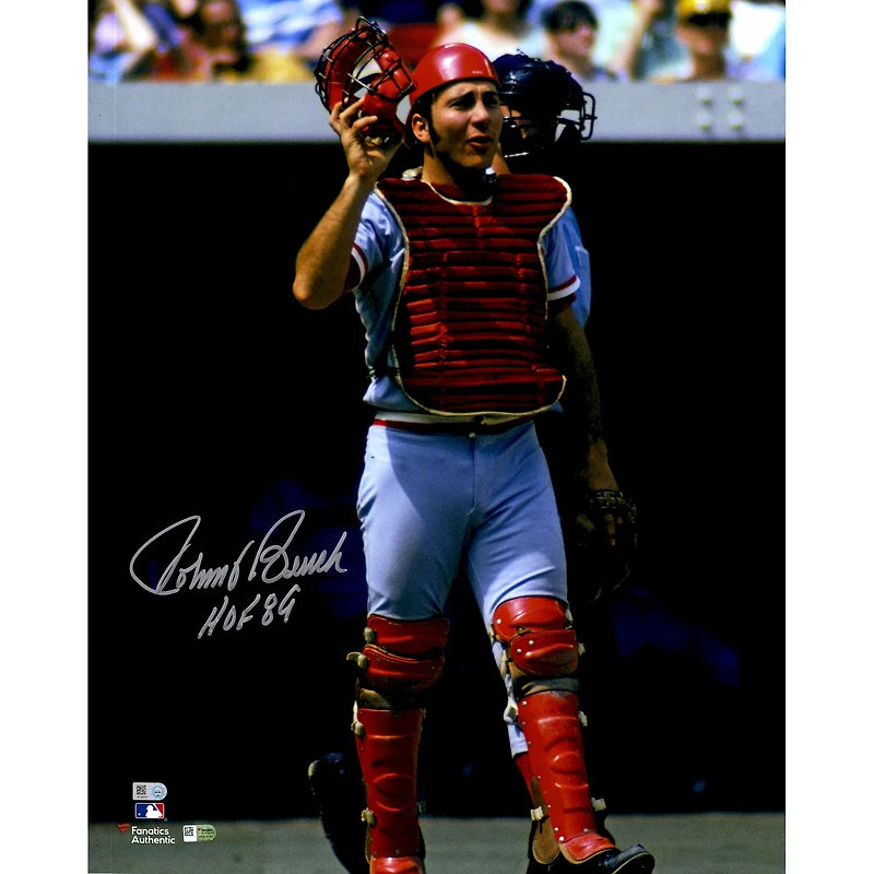 Johnny Bench Cincinnati Reds Autographed 16" x 20" In Catchers Gear Photograph with "HOF 89" Inscription