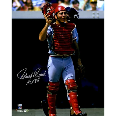 Johnny Bench Cincinnati Reds Autographed 16" x 20" In Catchers Gear Photograph with "HOF 89" Inscription
