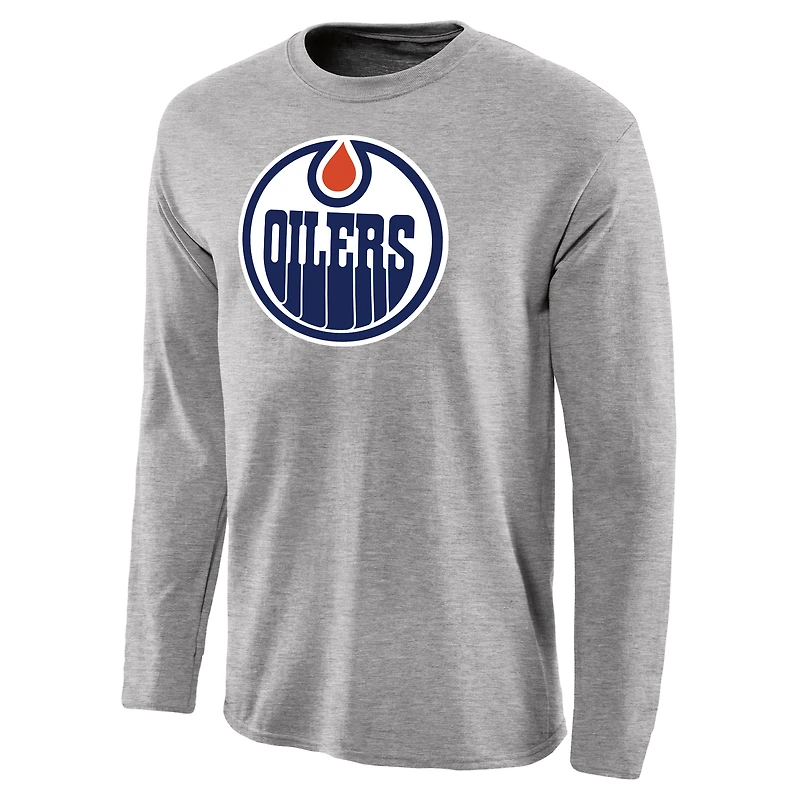 Men's Ash Edmonton Oilers Team Primary Logo Long Sleeve T-Shirt
