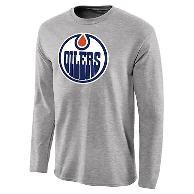 Men's Ash Edmonton Oilers Team Primary Logo Long Sleeve T-Shirt
