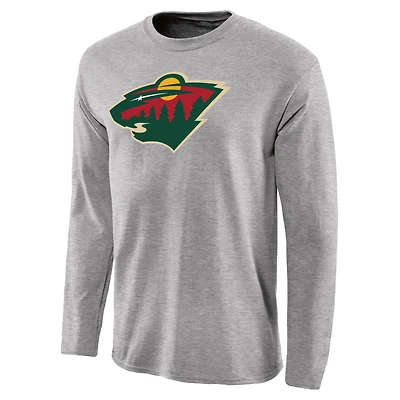 Men's Ash Minnesota Wild Team Primary Logo Long Sleeve T-Shirt