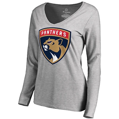Women's Heather Gray Florida Panthers New Logo Long Sleeve V-Neck T-Shirt