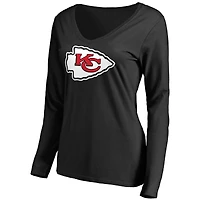Women's Black Kansas City Chiefs Primary Team Logo V-Neck Long Sleeve T-Shirt