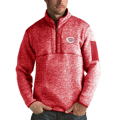 Men's Antigua Heathered Red Cincinnati Reds Fortune Half-Zip Sweater