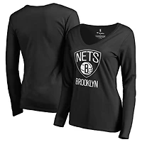 Women's Black Brooklyn Nets Primary Logo V-Neck Long Sleeve T-Shirt