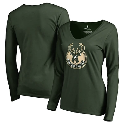 Women's Green Milwaukee Bucks Primary Logo V-Neck Long Sleeve T-Shirt