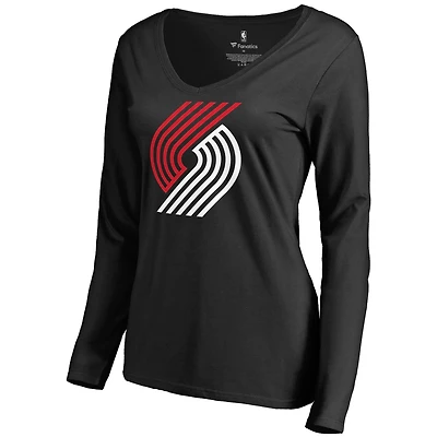 Women's Black Portland Trail Blazers Primary Logo V-Neck Long Sleeve T-Shirt