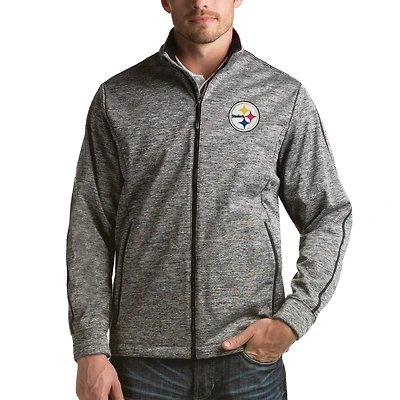 Men's Antigua Heathered Black Pittsburgh Steelers Full-Zip Golf Jacket