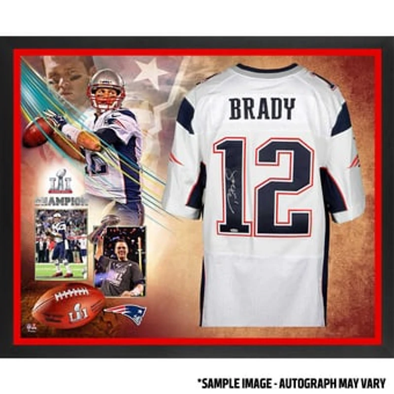 Tom Brady New England Patriots Framed Autographed White Nike Elite Jersey Super Bowl LI Champions Collage