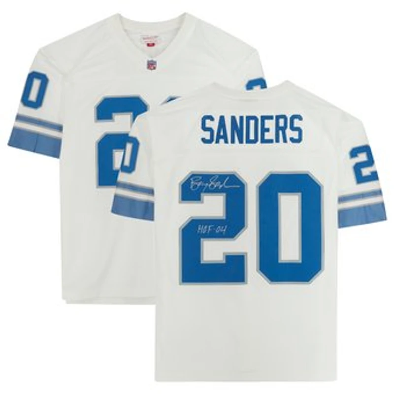 Barry Sanders Detroit Lions Autographed White Mitchell & Ness Replica Jersey with "HOF 04" Inscription
