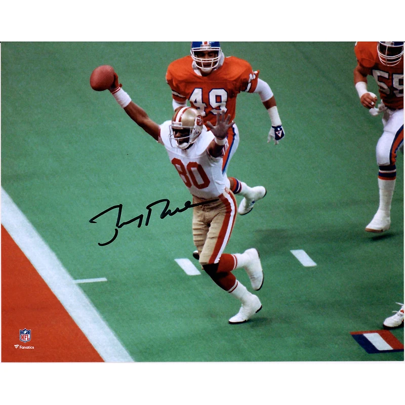 Jerry Rice San Francisco 49ers Autographed 8" x 10" Hands Up vs. Broncos Photograph