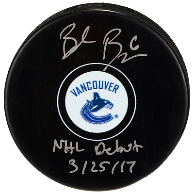 Brock Boeser Vancouver Canucks Autographed Hockey Puck with "NHL Debut 3/25/17" Inscription