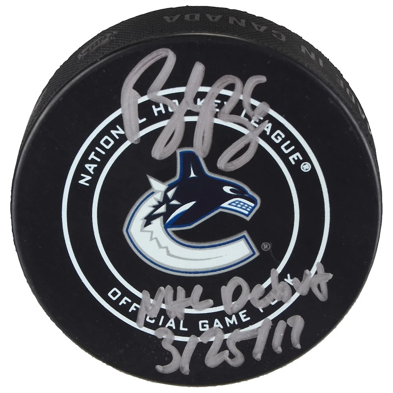 Brock Boeser Vancouver Canucks Autographed Official Game Puck with "NHL Debut 3/25/17" Inscription