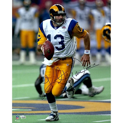 Kurt Warner St. Louis Rams Autographed 16" x 20" Super Bowl Photograph with "HOF 17" Inscription