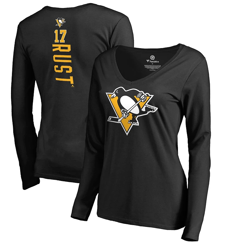 Women's Bryan Rust Black Pittsburgh Penguins Backer Name & Number Long Sleeve V-Neck T-Shirt
