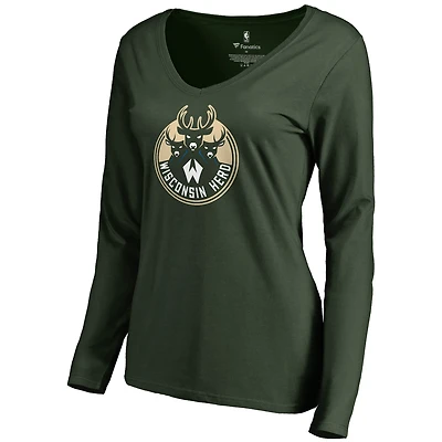 Women's Green Wisconsin Herd Primary Logo Long Sleeve V-Neck T-Shirt