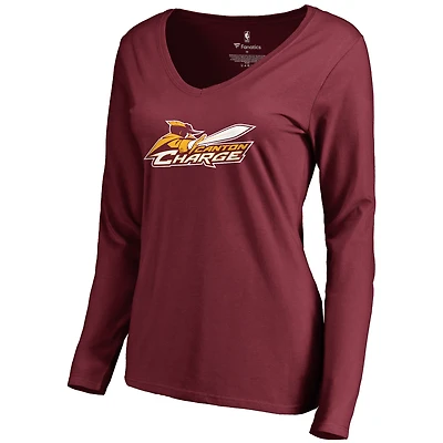 Women's Garnet Canton Charge Primary Logo Long Sleeve V-Neck T-Shirt