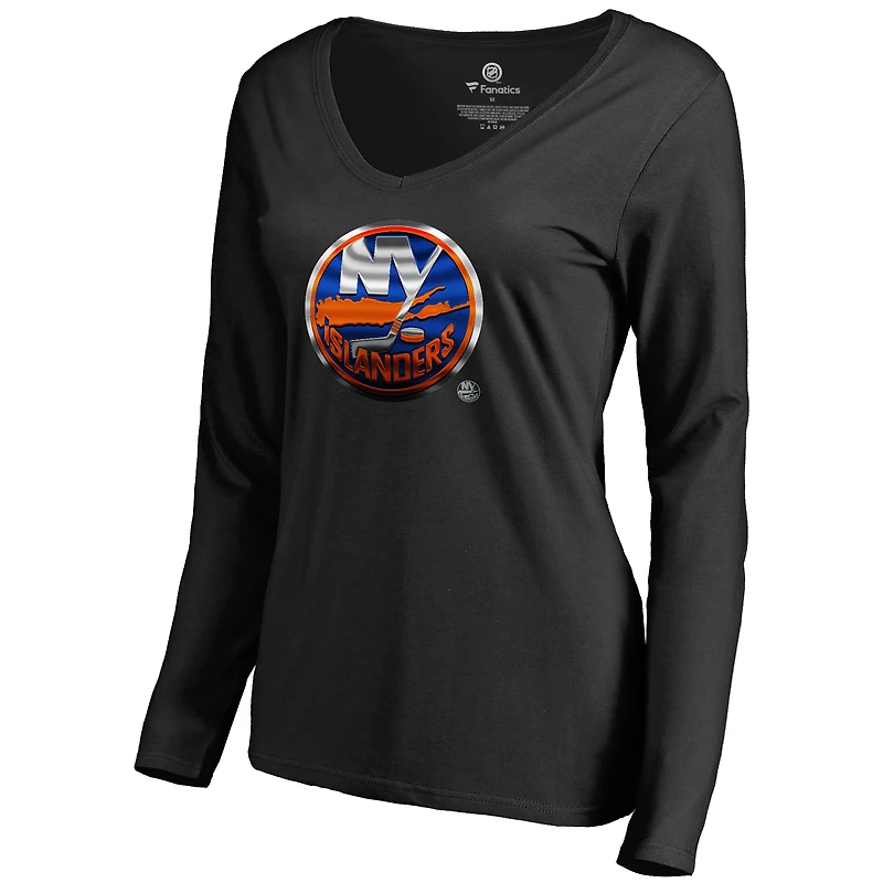 Women's Black New York Islanders Midnight Mascot Long Sleeve V-Neck T-Shirt