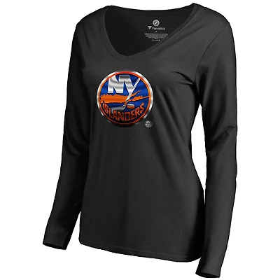 Women's Black New York Islanders Midnight Mascot Long Sleeve V-Neck T-Shirt