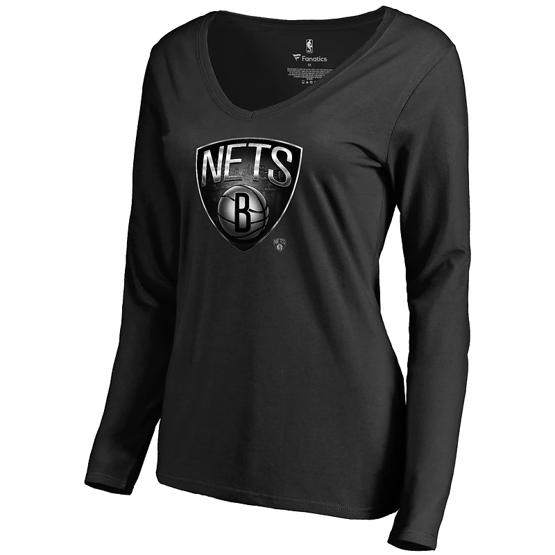 Women's Black Brooklyn Nets Midnight Mascot Long Sleeve V-Neck T-Shirt