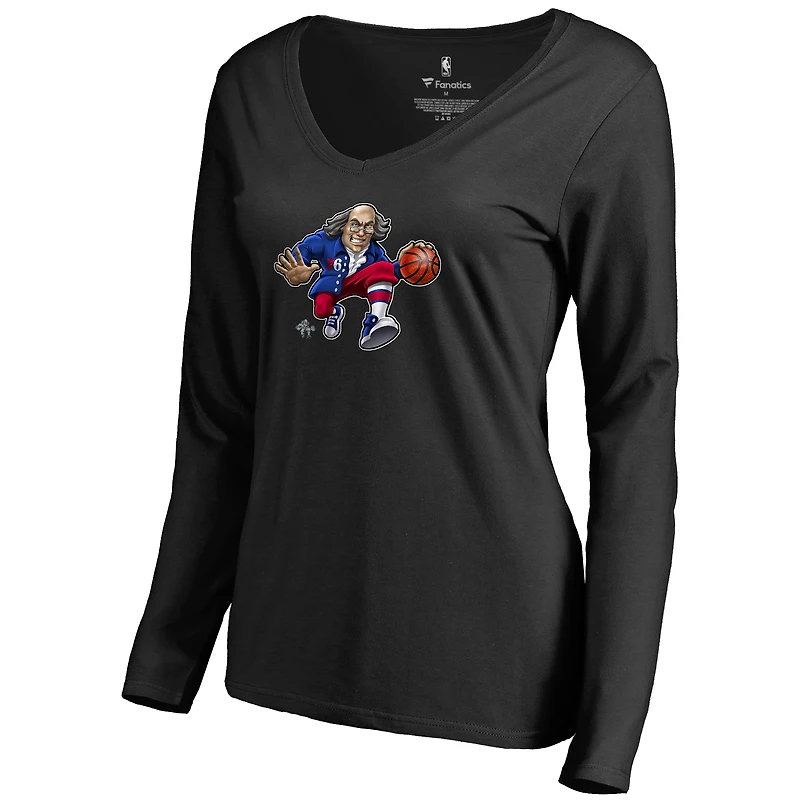 Women's Black Philadelphia 76ers Midnight Mascot Long Sleeve V-Neck T-Shirt