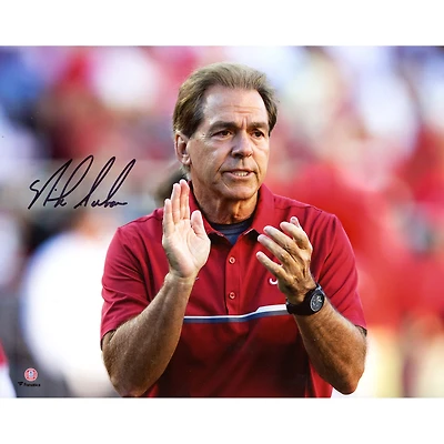 Nick Saban Alabama Crimson Tide Autographed 8" x 10" Clapping In Crimson Polo Photograph