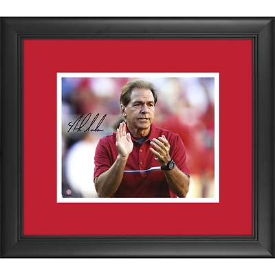 Nick Saban Alabama Crimson Tide Framed Autographed 8" x 10" Clapping In Crimson Photograph