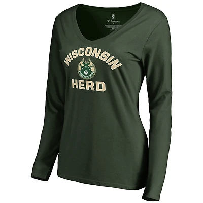 Women's Green Wisconsin Herd Overtime V-Neck Long Sleeve T-Shirt