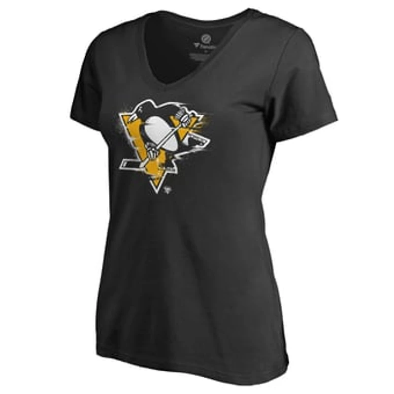 Women's Black Pittsburgh Penguins Splatter Logo V-Neck T-Shirt