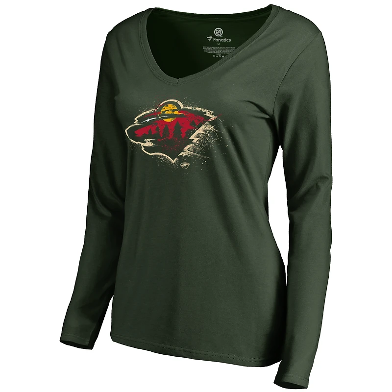 Women's Green Minnesota Wild Splatter Logo V-Neck Long Sleeve T-Shirt